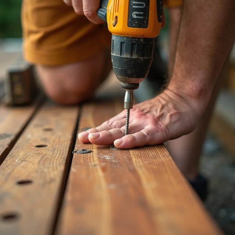 Close-up of new deck board being screwed into place