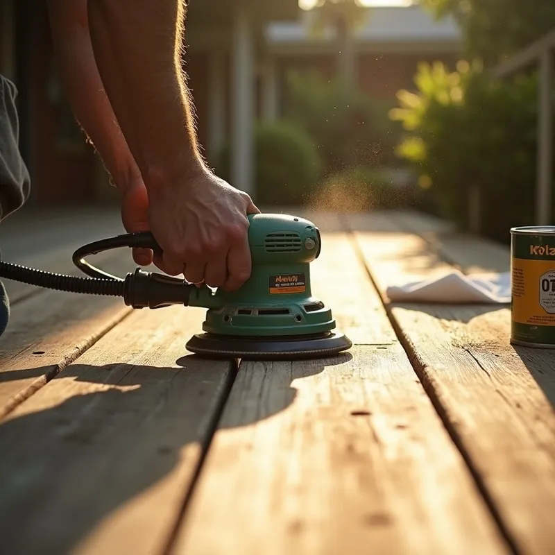 Orbital sander smoothing deck boards before oiling