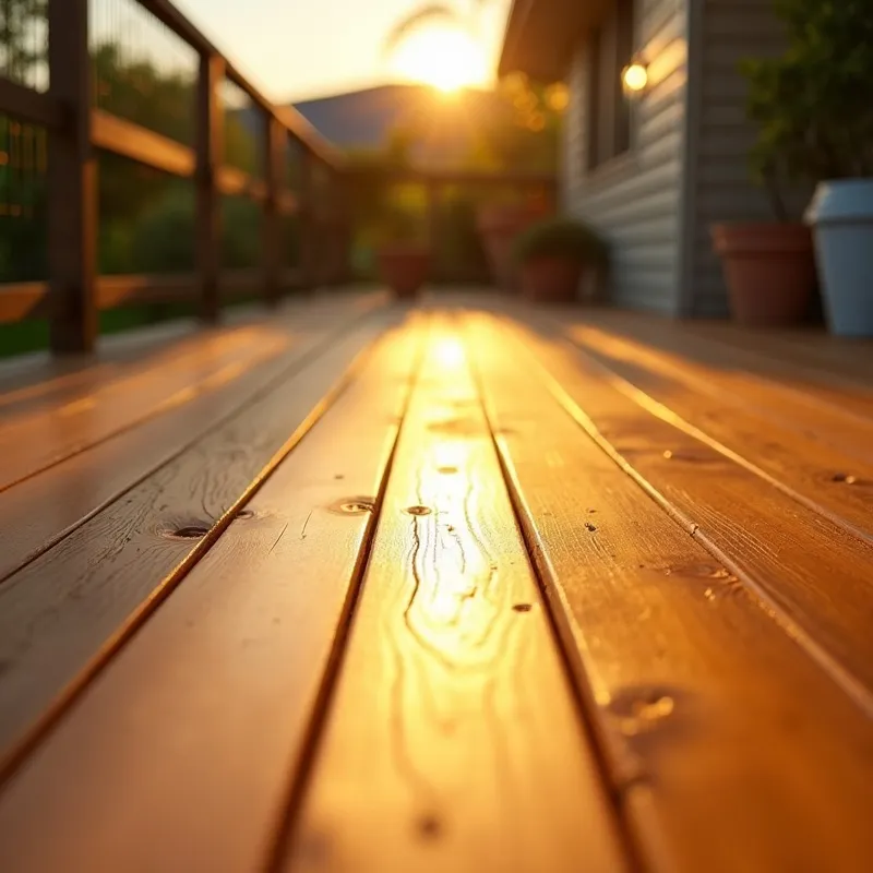Finished deck section with fresh decking oil at golden hour