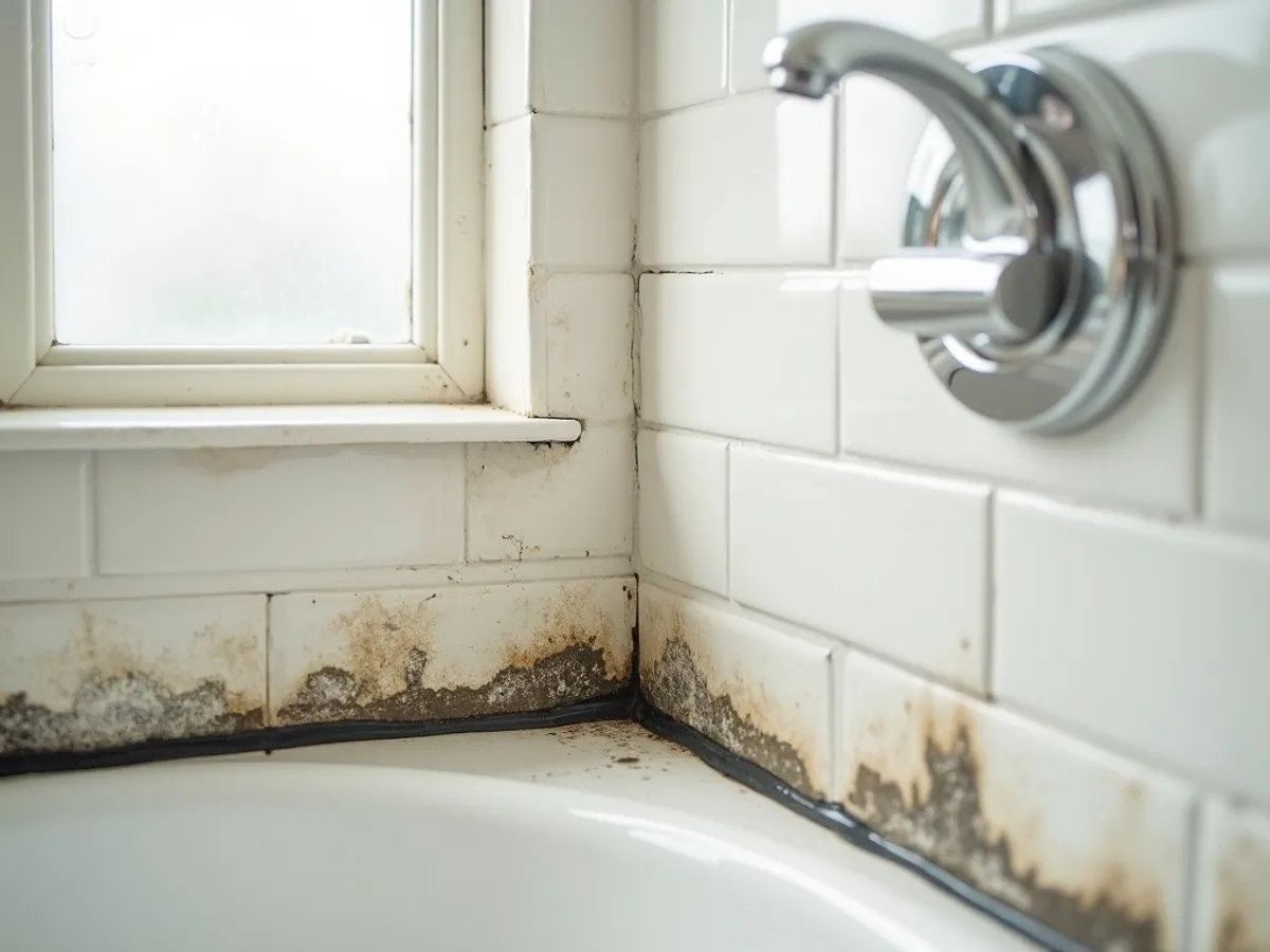 Mouldy and peeling shower silicone before re-seal in Cabarita Beach